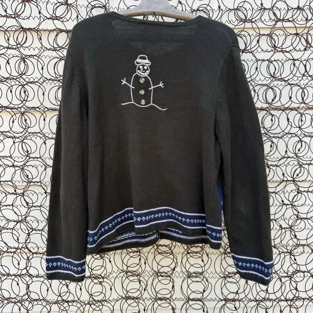 Y2K Christopher & Banks Hand Crochet Rustic Snowman Winter Christmas Cardigan XL